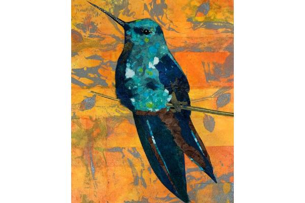 Great Sapphire Wing Hummingbird Fine Art Print of Original Paper Collage 8” x 10” picture