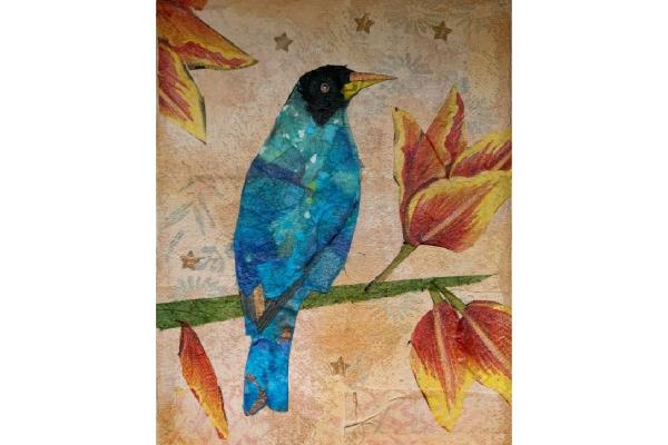 Fine Art Print of Original Mixed Media Collage Green Honeycreeper 5” x 7” picture