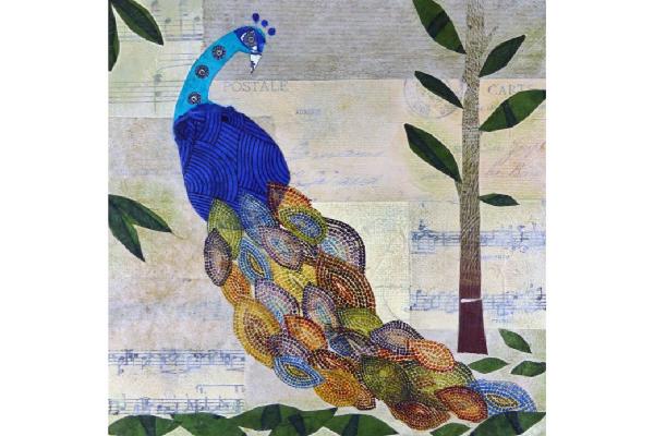 Fine Art Print of Original Mixed Media Collage “The Peacock” 8” x 8”