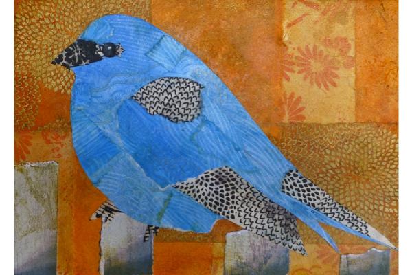 Indigo Bunting Fine Art Print of Original Paper Collage 5” x 7” picture