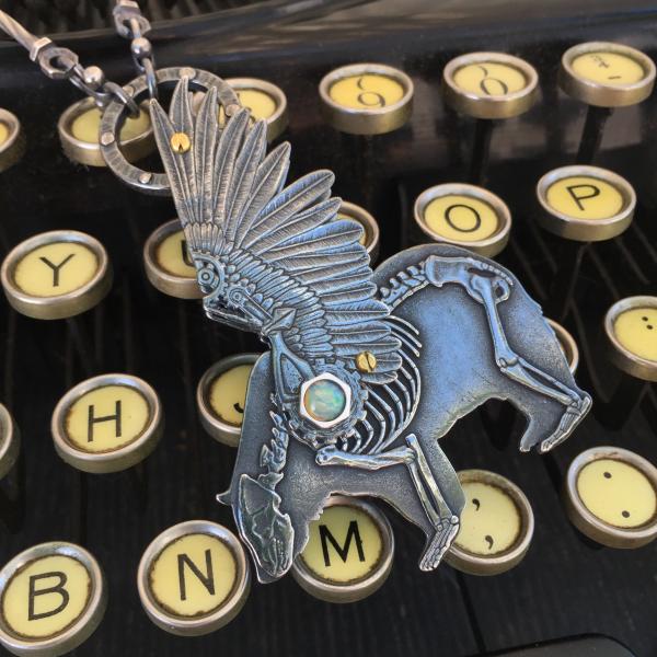 Winged Skeleton Bear Necklace with Opal