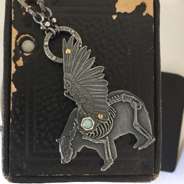 Winged Skeleton Bear Necklace with Opal picture