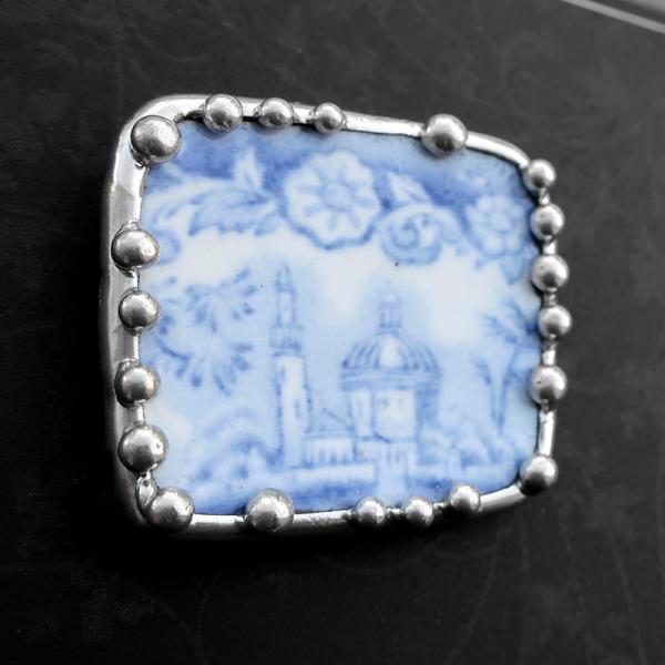 Antique Blue Transferware Plate Shard Pin/Pendant picture