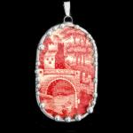 Vintage Red Transferware Plate Shard Pendant