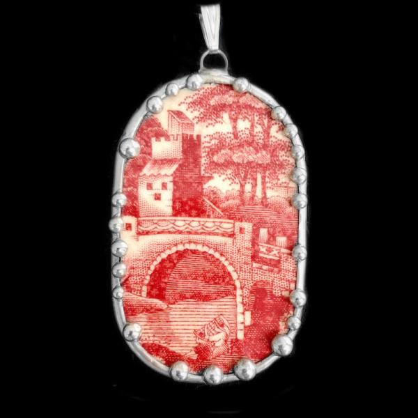 Vintage Red Transferware Plate Shard Pendant