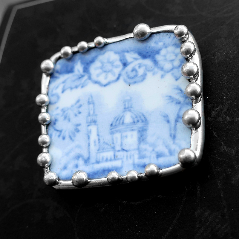 Antique Blue Transferware Plate Shard Pin/Pendant picture