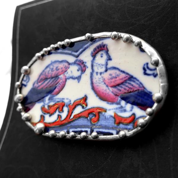 Antique Flow Blue Bird Plate Shard Pin/Pendant picture
