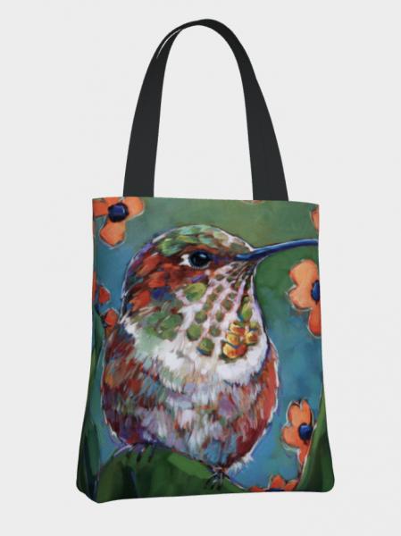 “Allen’s Landing” hummingbird printed tote picture