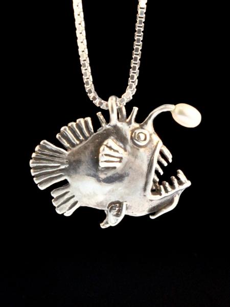 Angler Fish Charm with White Pearl - Silver picture