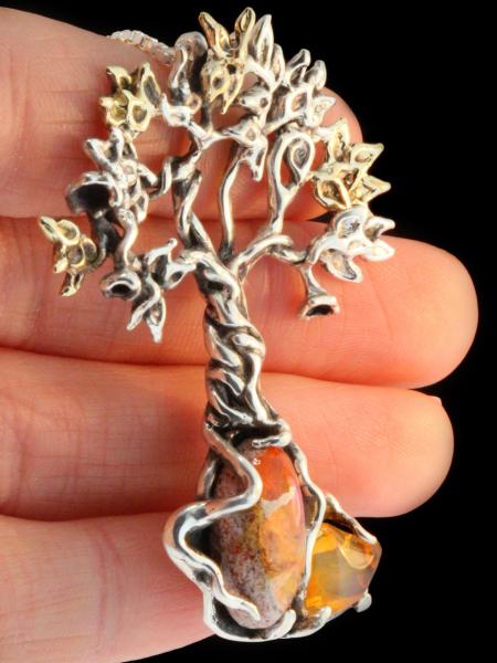 Primeval Forest Tree Pendant #3 - Mexican Opal - Silver and 14K Gold picture