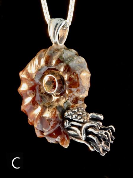 Spiky Fossilized Ammonite Nautilus Necklace with Gemstone - Silver picture