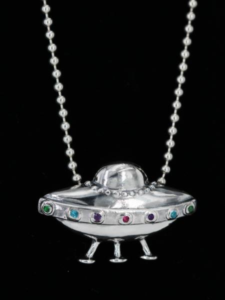 Flying Saucer U.F.O. Pendant with Gemstones - Silver