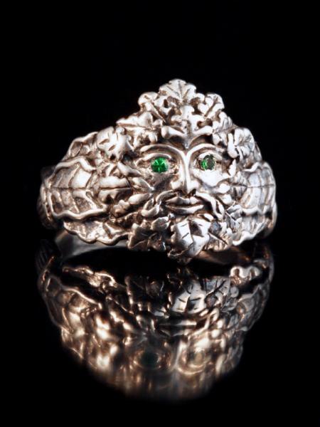 Green Man Ring with Tsavorite Eyes - Silver