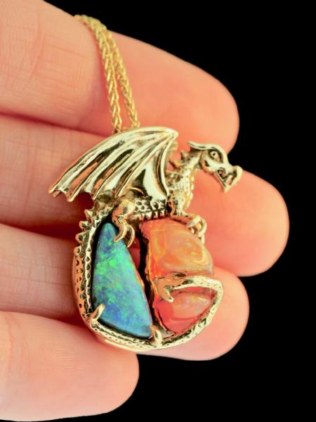 Fire and Ice Opal Dragon Pendant - 18K Gold picture