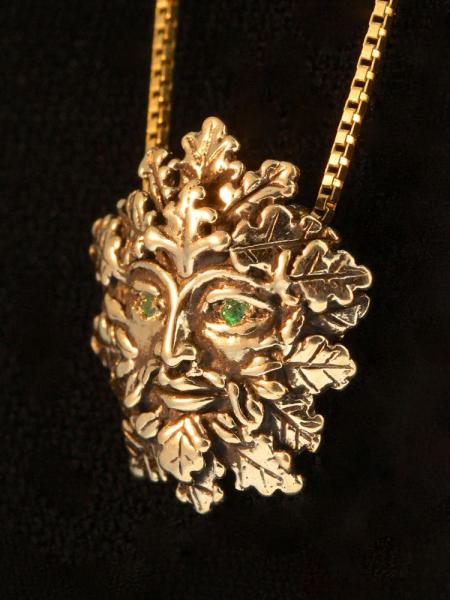 Green Man Pendant with Tsavorite Eyes - 14K Gold picture