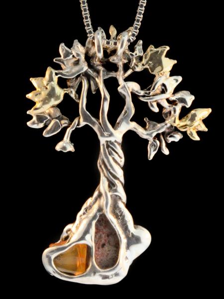 Primeval Forest Tree Pendant #3 - Mexican Opal - Silver and 14K Gold picture