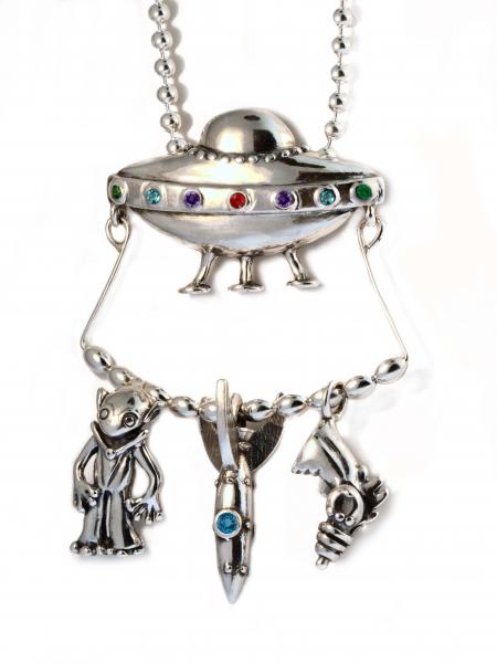 Flying Saucer U.F.O. Charm Collection with Gemstones - Silver