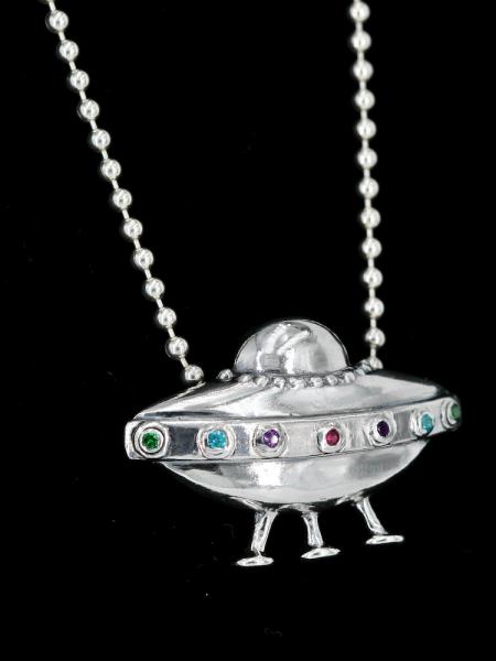 Flying Saucer U.F.O. Pendant with Gemstones - Silver picture