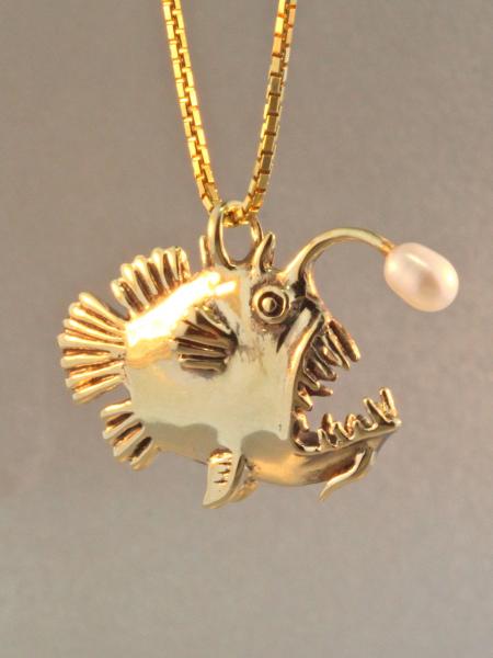 Gold Angler Fish Charm with White Pearl - 14k Gold picture
