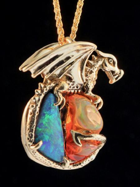 Fire and Ice Opal Dragon Pendant - 18K Gold picture