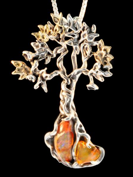 Primeval Forest Tree Pendant #3 - Mexican Opal - Silver and 14K Gold picture