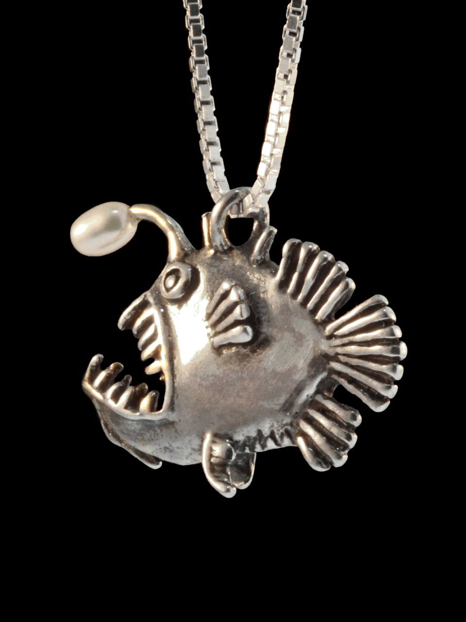 Angler Fish Charm with White Pearl - Silver picture
