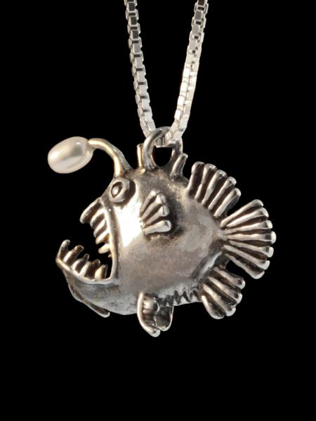 Angler Fish Charm with White Pearl - Silver picture