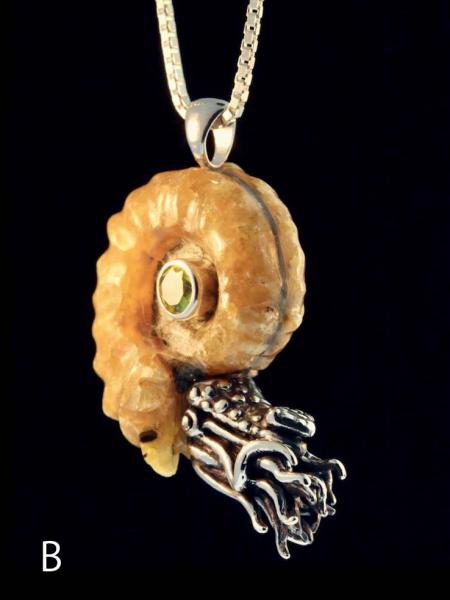 Spiky Fossilized Ammonite Nautilus Necklace with Gemstone - Silver picture