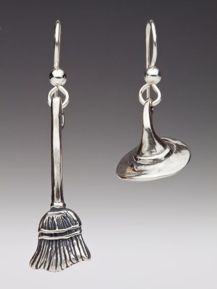 Witch's Hat and Broom Stick Earring Set - Silver