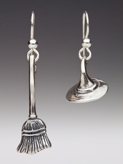 Witch's Hat and Broom Stick Earring Set - Silver picture