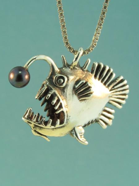 Angler Fish Charm with White Pearl - Silver picture