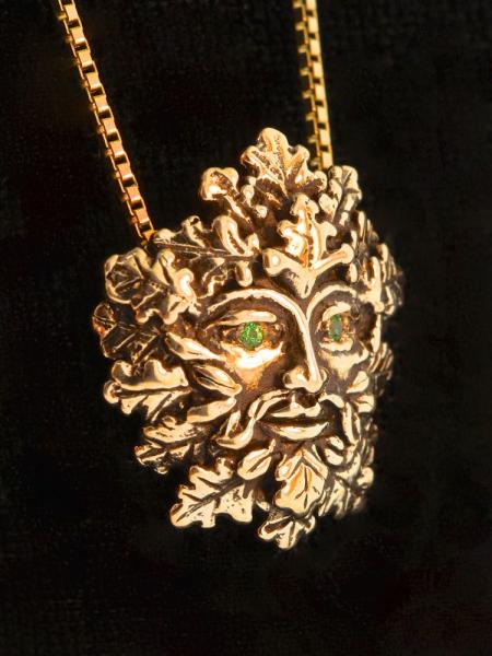 Green Man Pendant with Tsavorite Eyes - 14K Gold