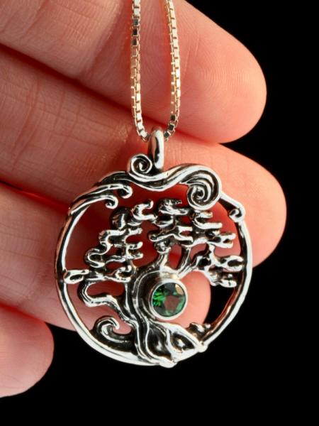 Cypress - Bonsai Tree Pendant with Green Topaz - Silver picture