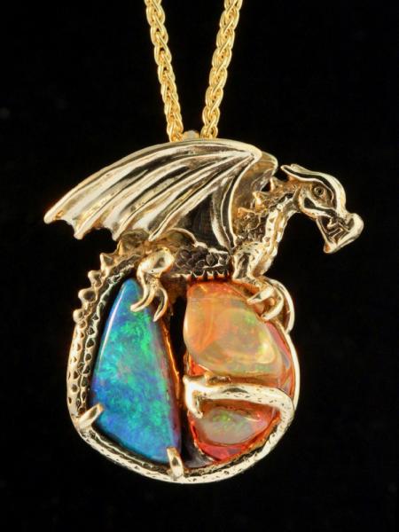 Fire and Ice Opal Dragon Pendant - 18K Gold picture