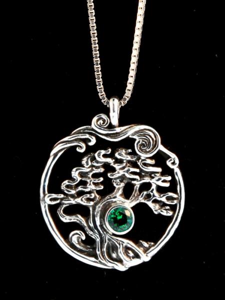 Cypress - Bonsai Tree Pendant with Green Topaz - Silver