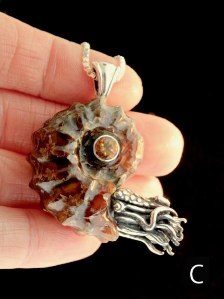 Spiky Fossilized Ammonite Nautilus Necklace with Gemstone - Silver picture