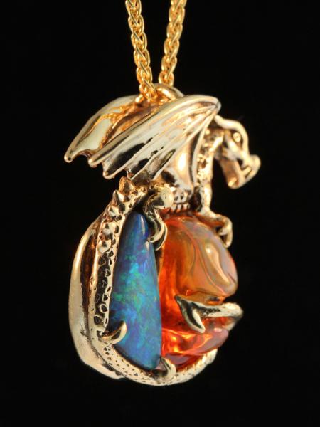 Fire and Ice Opal Dragon Pendant - 18K Gold picture
