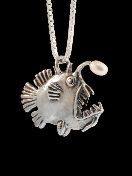 Angler Fish Charm with White Pearl - Silver