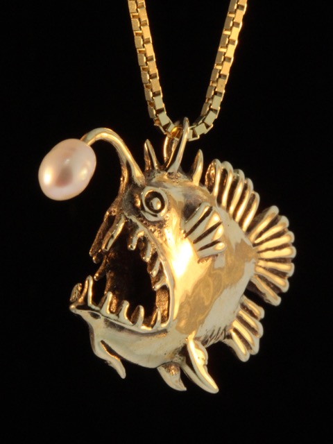 Gold Angler Fish Charm with White Pearl - 14k Gold picture