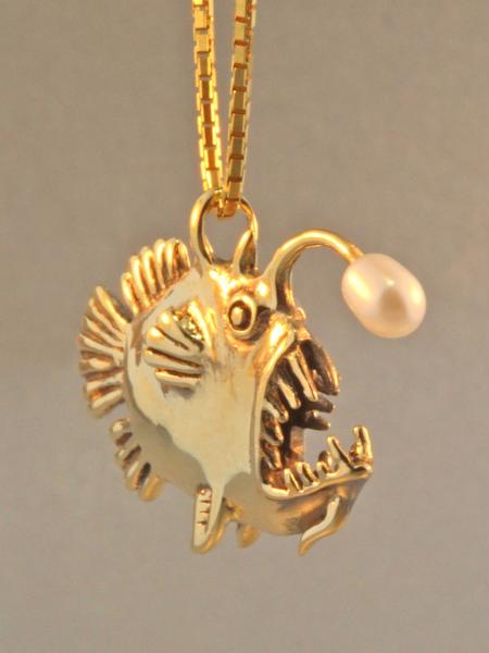 Gold Angler Fish Charm with White Pearl - 14k Gold picture