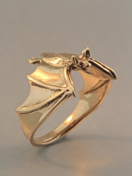 Classic Bat Ring with Ruby Eyes - 14k Gold