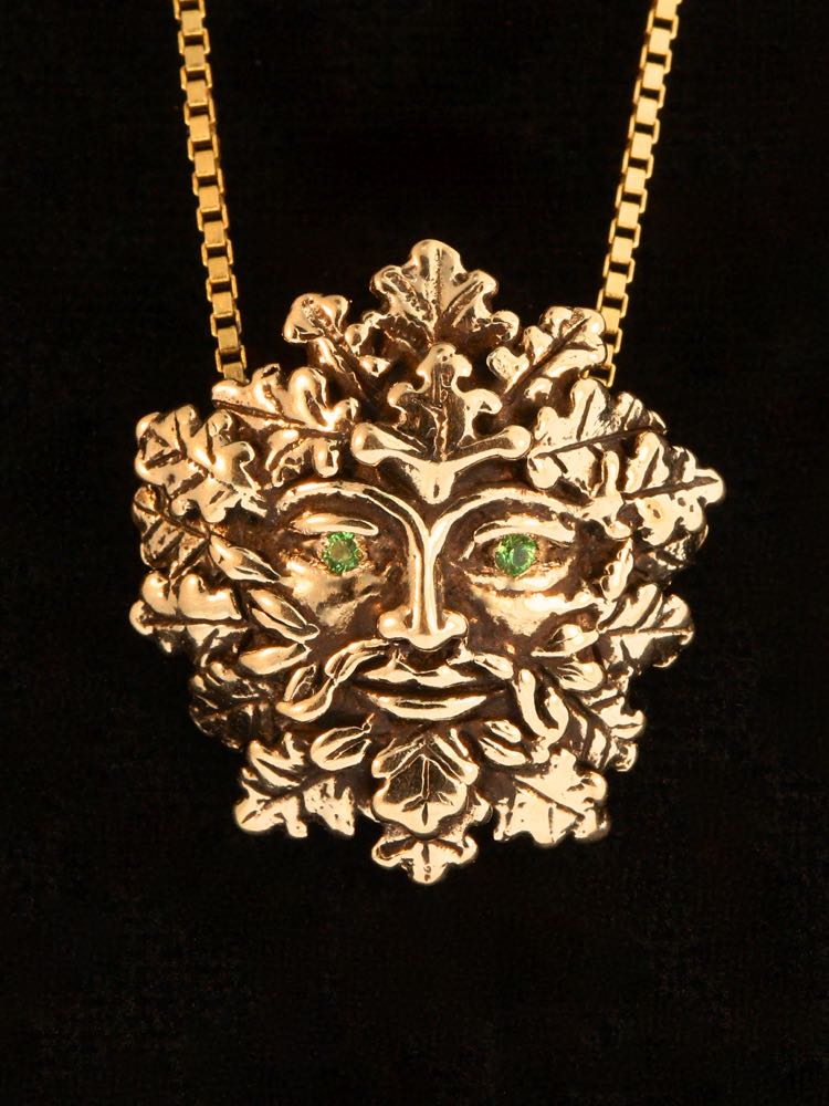 Green Man Pendant with Tsavorite Eyes - 14K Gold picture