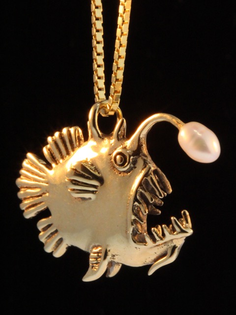 Gold Angler Fish Charm with White Pearl - 14k Gold