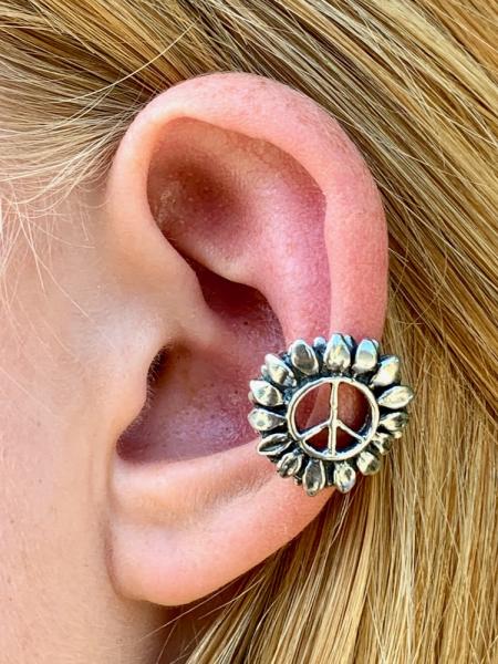 Flower Power Peace Symbol Ear Cuff - Silver picture