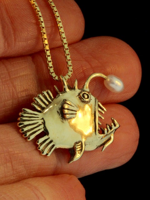 Gold Angler Fish Charm with White Pearl - 14k Gold picture