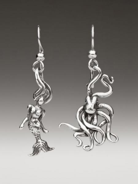 Octopus and Mermaid Earrings - Silver