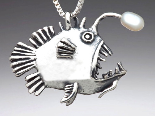 Angler Fish Charm with White Pearl - Silver picture