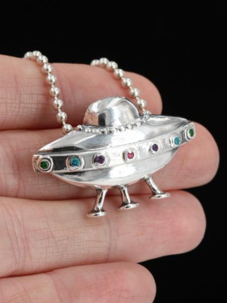 Flying Saucer U.F.O. Pendant with Gemstones - Silver picture