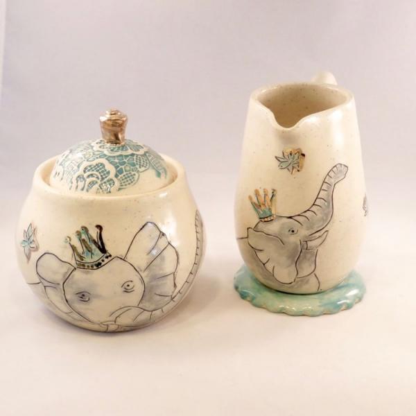 Sugar Creamer Set, Elephant sugar Creamer set, Ceramic  Handmade pottery, Hand painted Elephants, 24k accents, Pottery Anniversary picture