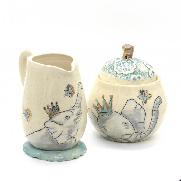 Sugar Creamer Set, Elephant sugar Creamer set, Ceramic  Handmade pottery, Hand painted Elephants, 24k accents, Pottery Anniversary picture